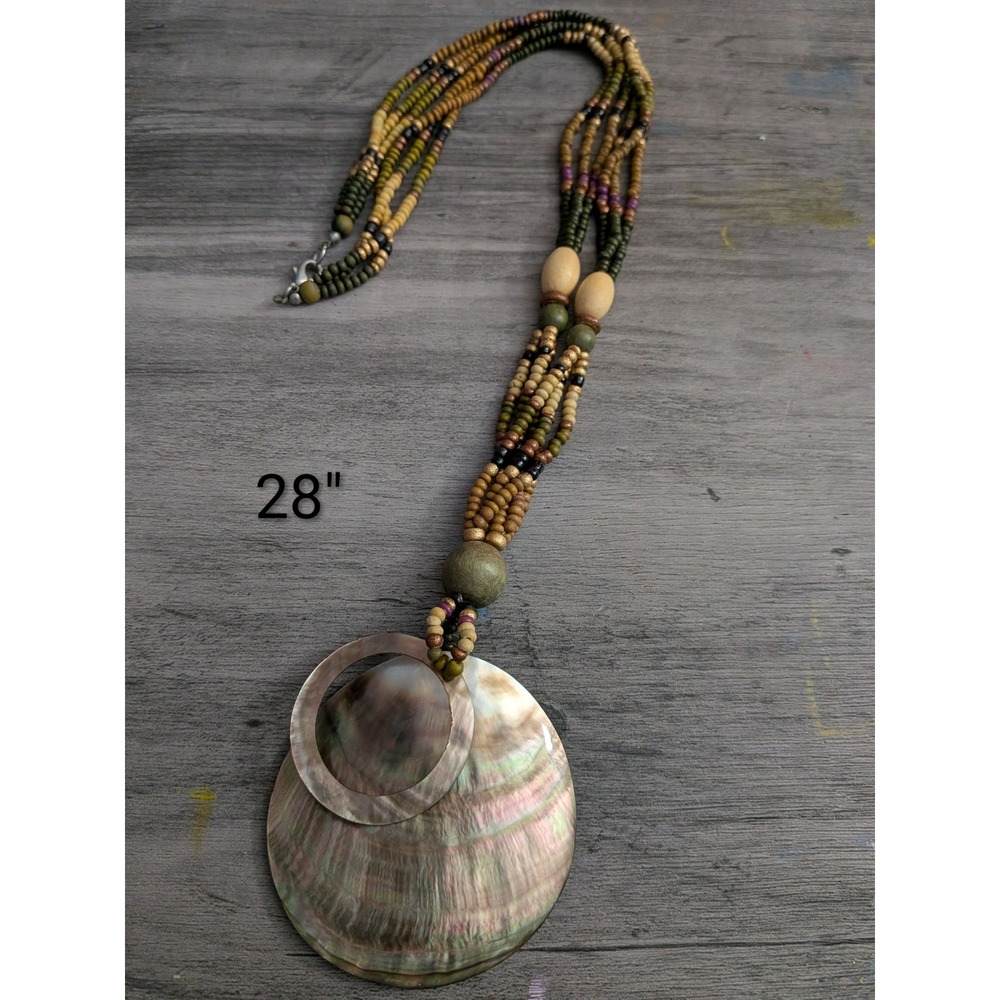 Boho Multi Strand Beaded Necklace Large Abalone Shell Pendant Iridescent 28"